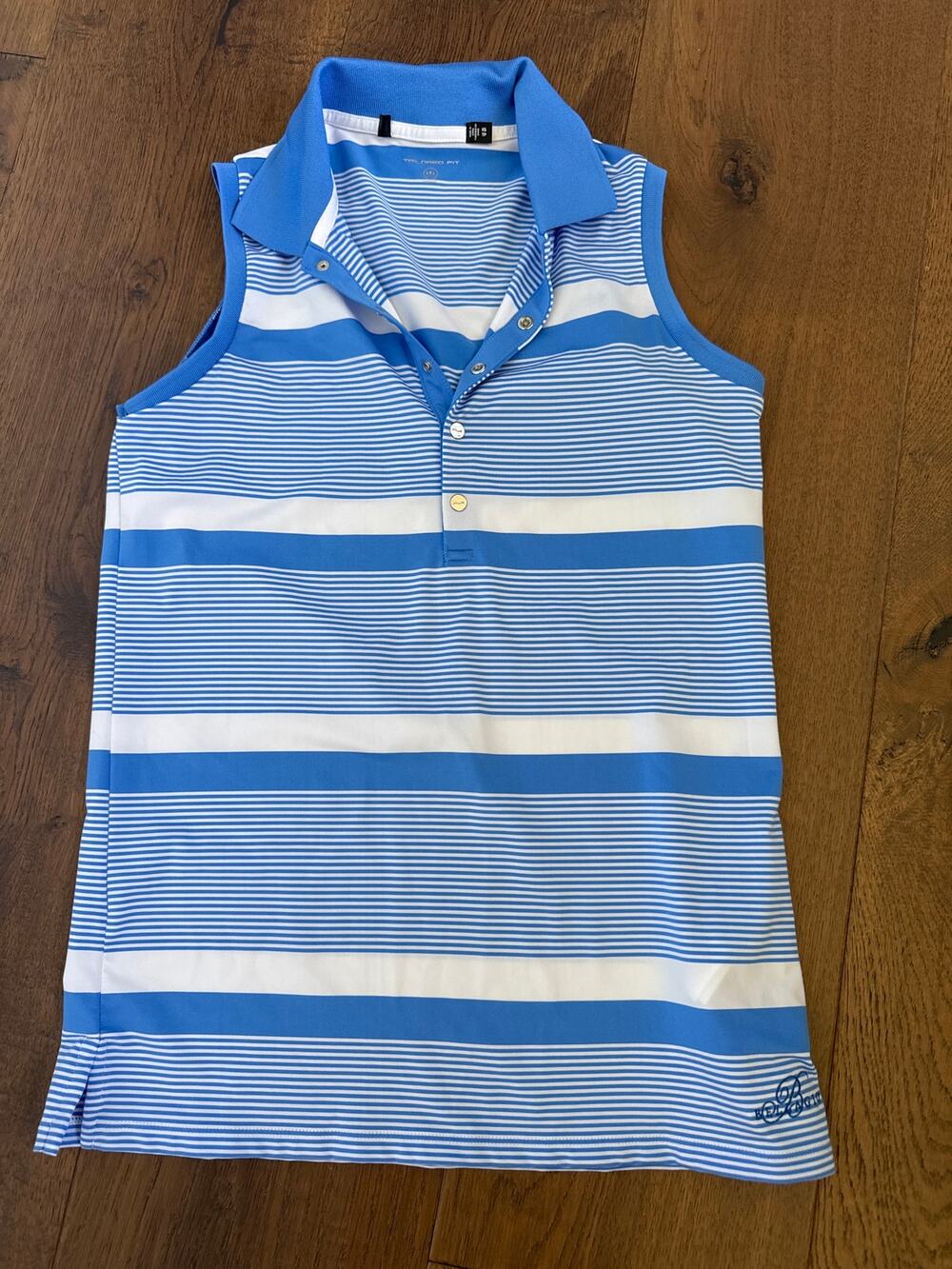 Tailored Fit Bellagio Striped Sleeveless Collared Polo Top Golf Blue Women's XS